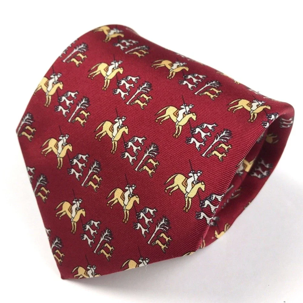 Museo Del Prado 2000 Silk Necktie Horse Hunter Hounds Bulls Equestrian Red Italy